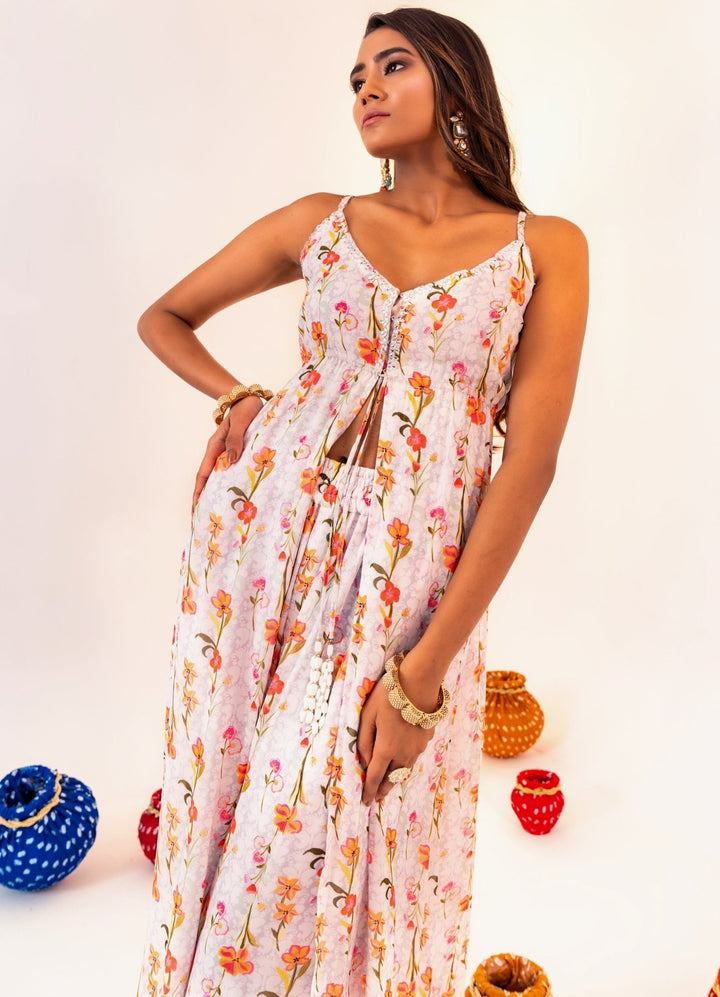 Ivory Printed Georgette Kurta Set With Pant Silky Bindra - Fabilicious Fashion