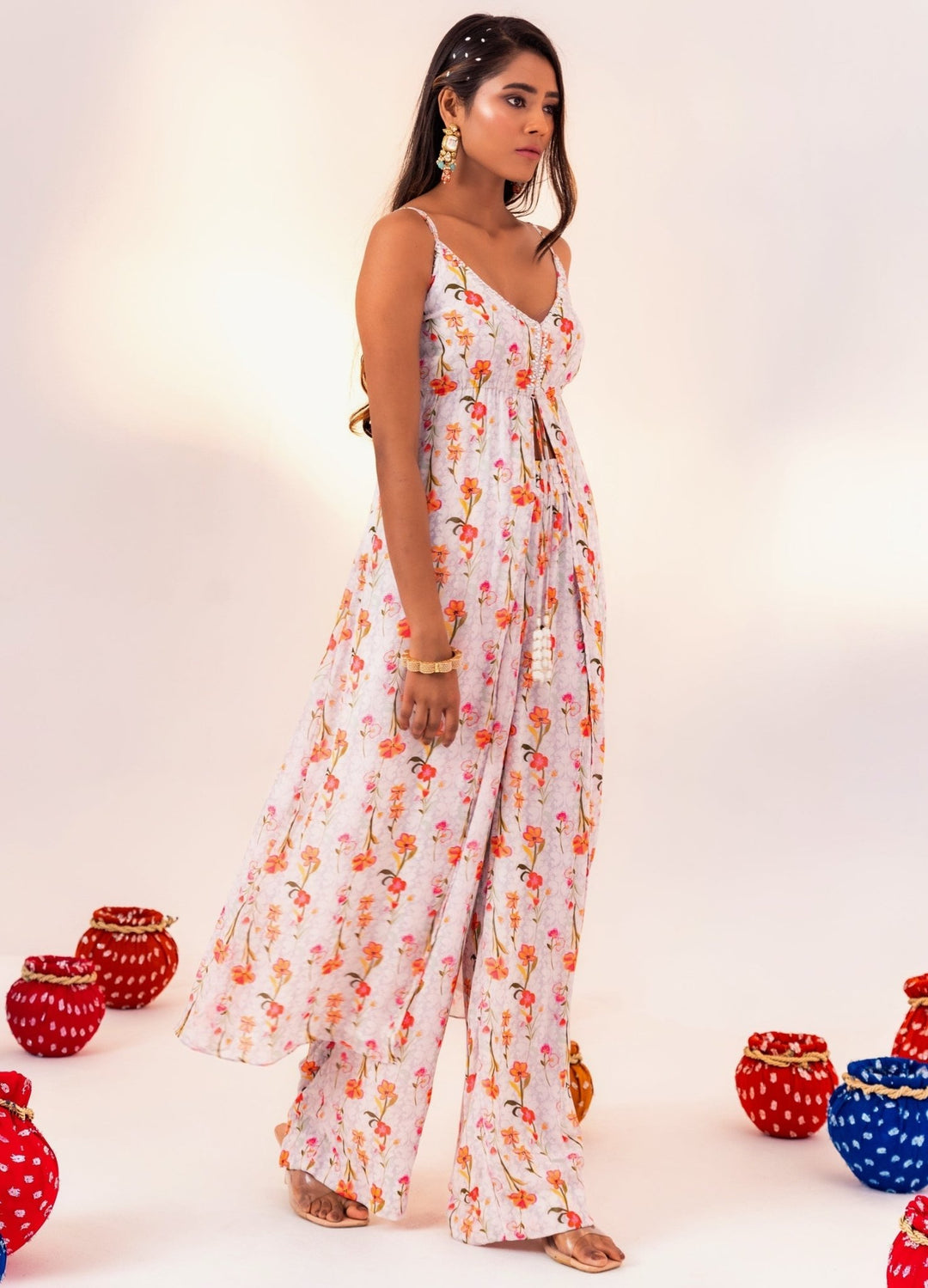Ivory Printed Georgette Kurta Set With Pant Silky Bindra - Fabilicious Fashion