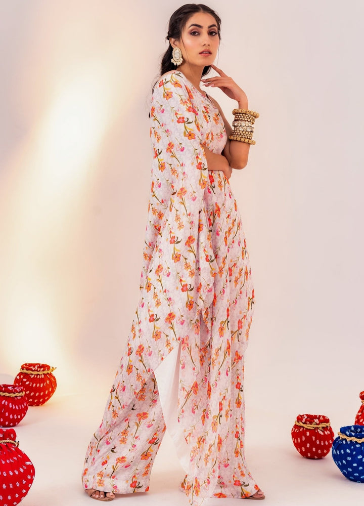 Ivory Printed Georgette One-Shoulder Kurta With Pant Silky Bindra - Fabilicious Fashion