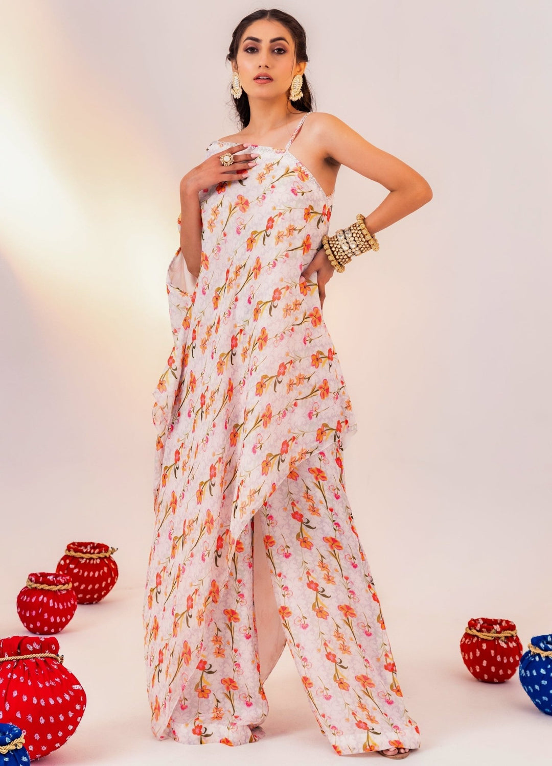 Ivory Printed Georgette One-Shoulder Kurta With Pant Silky Bindra - Fabilicious Fashion
