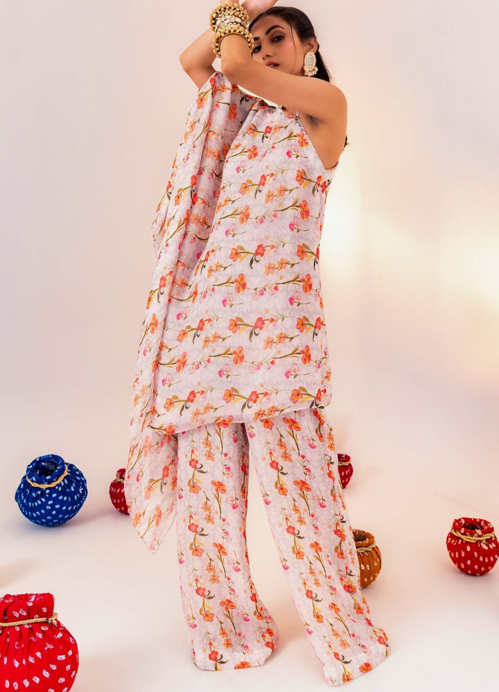 Ivory Printed Georgette One-Shoulder Kurta With Pant Silky Bindra - Fabilicious Fashion