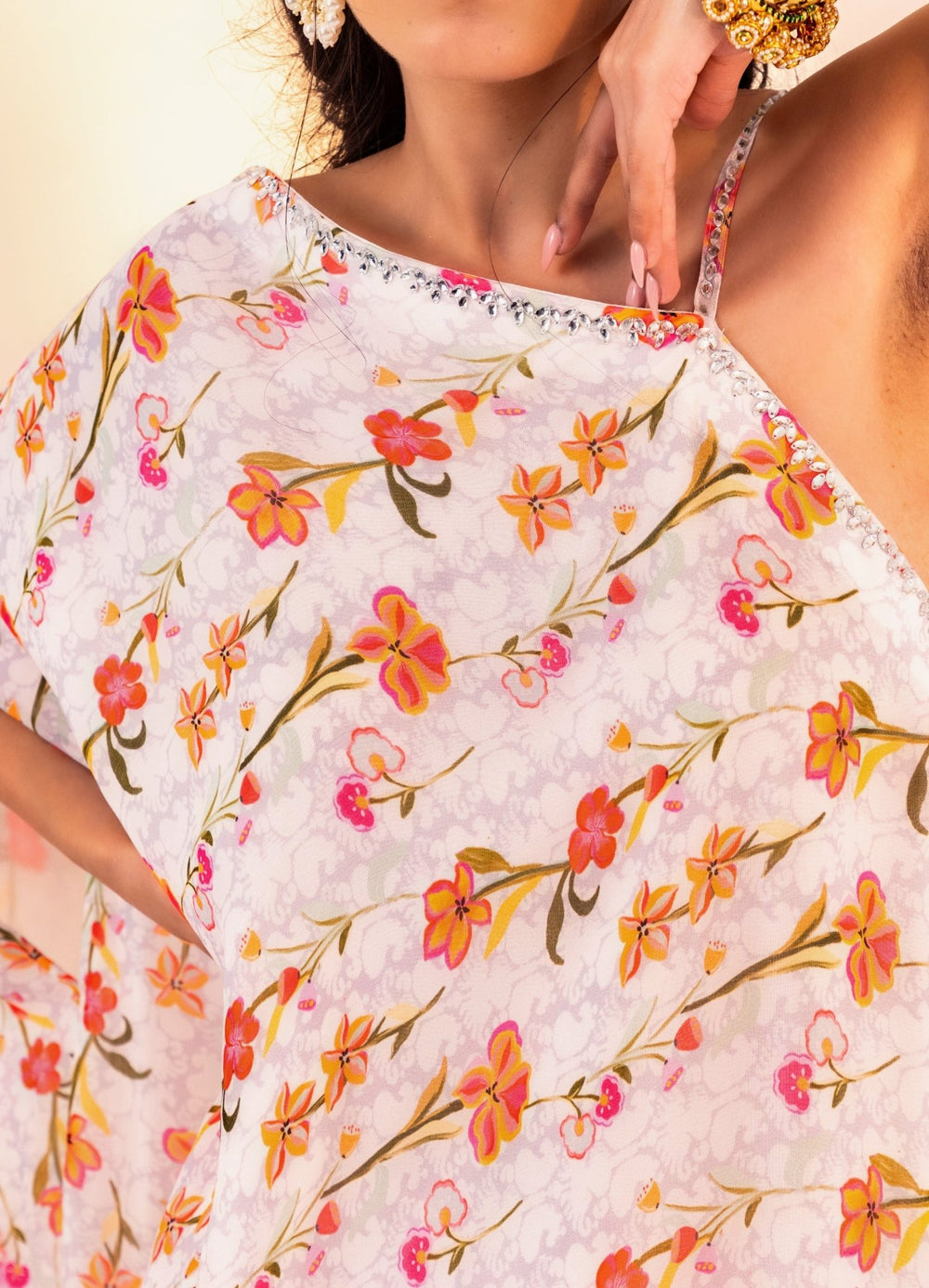 Ivory Printed Georgette One-Shoulder Kurta With Pant Silky Bindra - Fabilicious Fashion