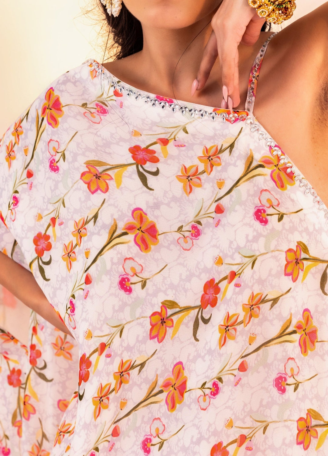 Ivory Printed Georgette One-Shoulder Kurta With Pant Silky Bindra - Fabilicious Fashion