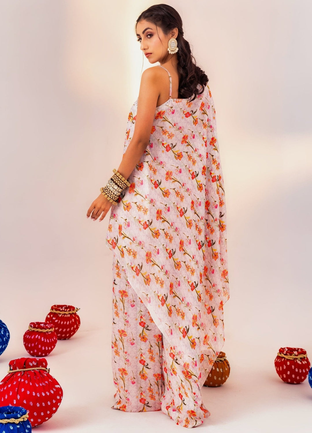 Ivory Printed Georgette One-Shoulder Kurta With Pant Silky Bindra - Fabilicious Fashion
