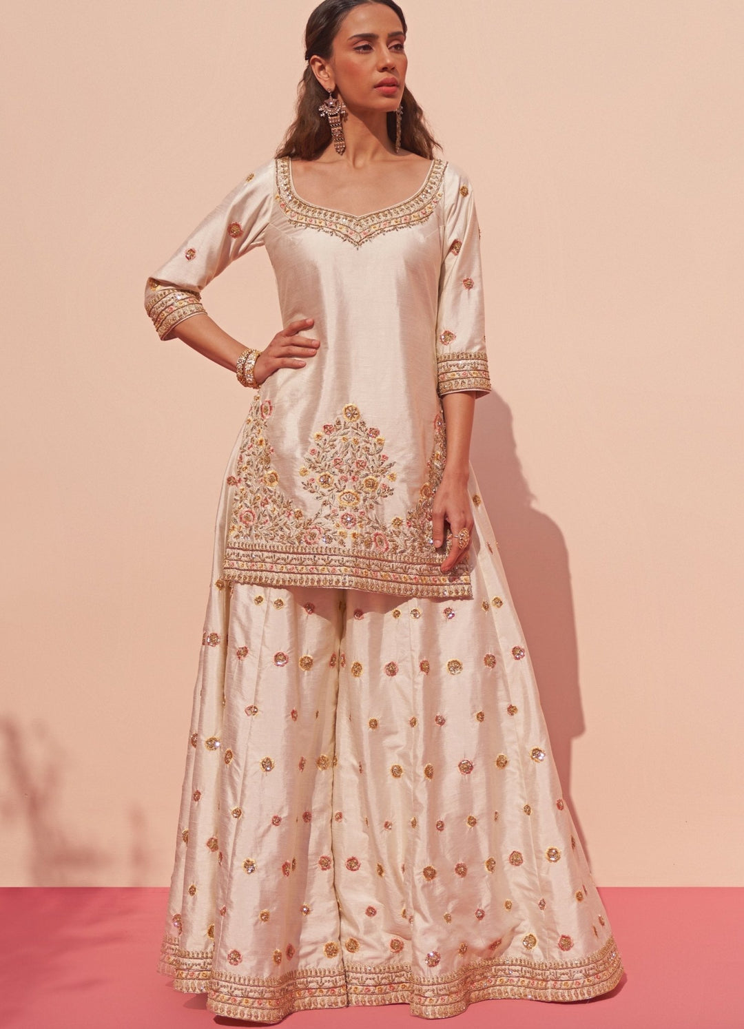 Ivory Raw Silk Flared Sharara Set Angad Singh - Fabilicious Fashion