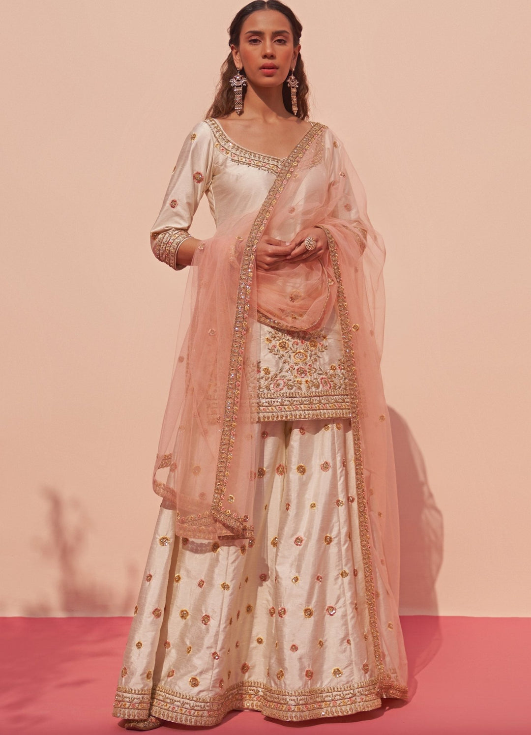 Ivory Raw Silk Flared Sharara Set Angad Singh - Fabilicious Fashion