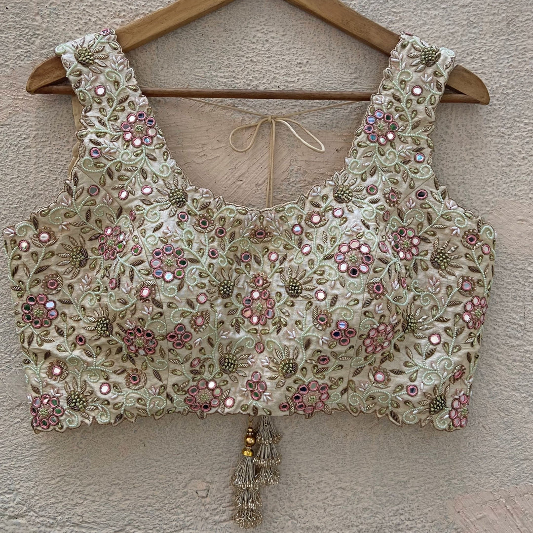 Ivory Raw Silk Lehenga Set With Mirror And Resham Work Priti Sahni - Fabilicious Fashion
