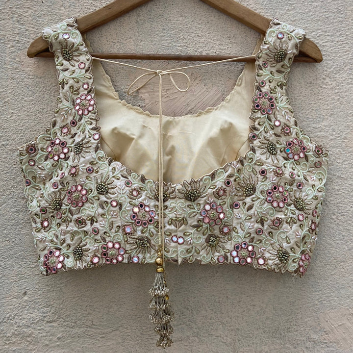 Ivory Raw Silk Lehenga Set With Mirror And Resham Work Priti Sahni - Fabilicious Fashion