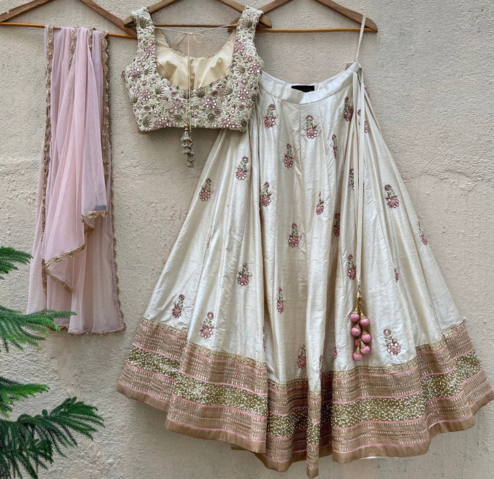 Ivory Raw Silk Lehenga Set With Mirror And Resham Work Priti Sahni - Fabilicious Fashion