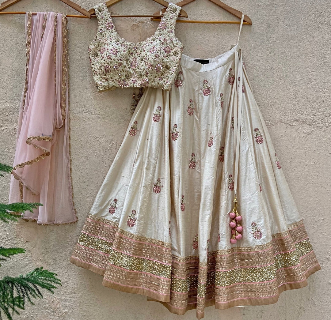 Ivory Raw Silk Lehenga Set With Mirror And Resham Work Priti Sahni - Fabilicious Fashion