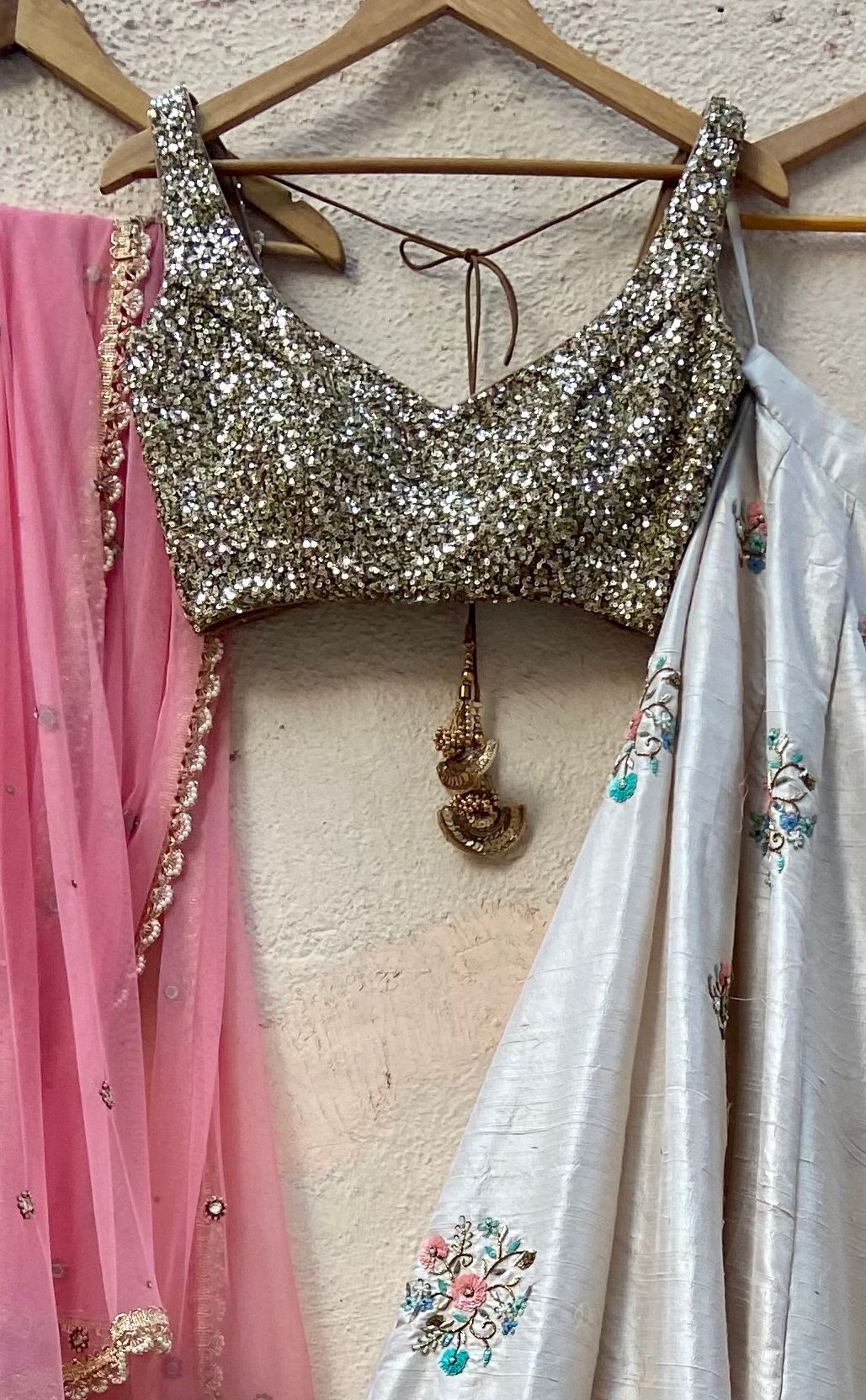 Ivory Raw Silk Lehenga With Floral Embroidery Priti Sahni - Fabilicious Fashion