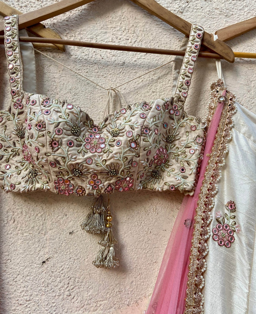Ivory Raw Silk Lehenga With Mirror Work And Bustier Set Priti Sahni - Fabilicious Fashion