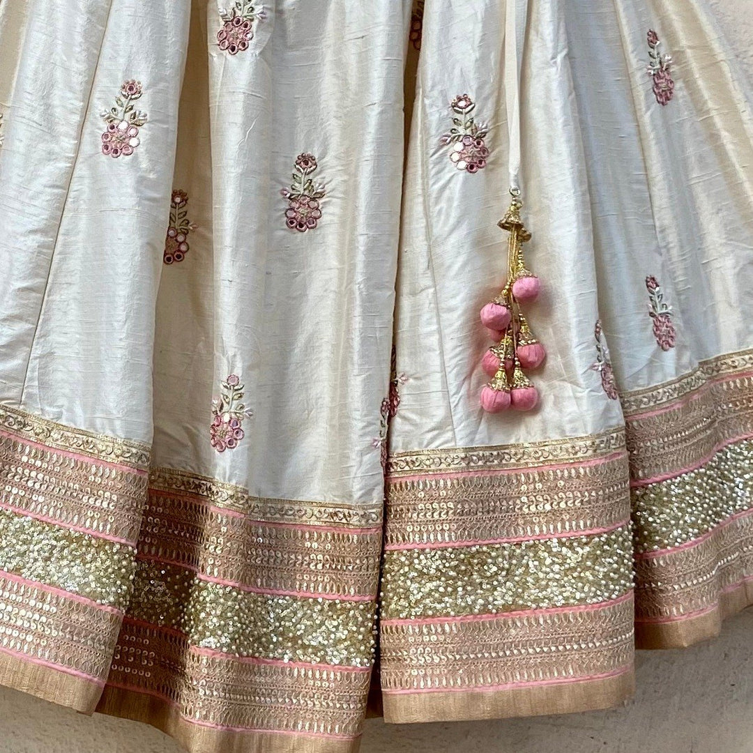 Ivory Raw Silk Lehenga With Mirror Work And Bustier Set Priti Sahni - Fabilicious Fashion