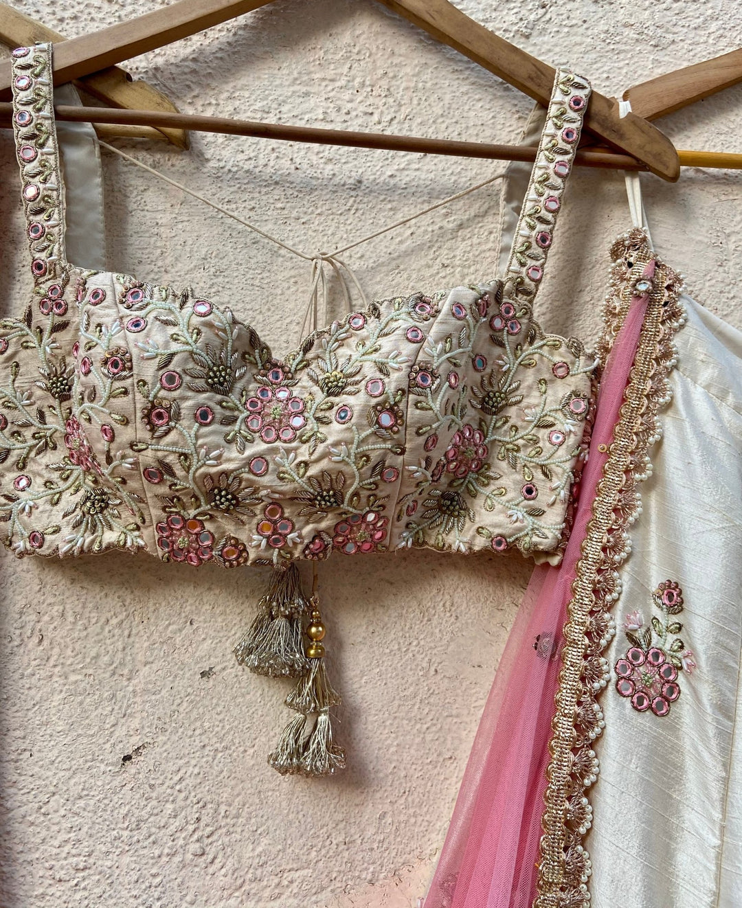 Ivory Raw Silk Lehenga With Mirror Work And Bustier Set Priti Sahni - Fabilicious Fashion