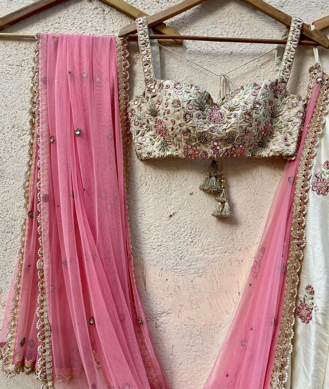 Ivory Raw Silk Lehenga With Mirror Work And Bustier Set Priti Sahni - Fabilicious Fashion