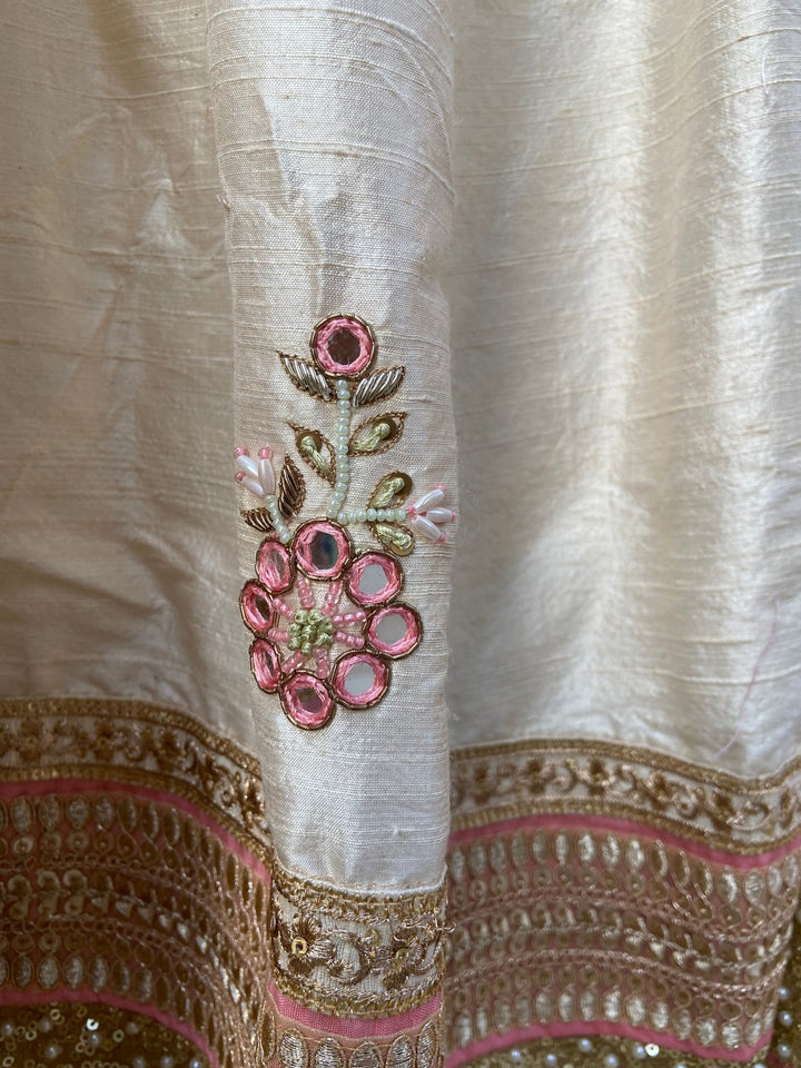Ivory Raw Silk Lehenga With Mirror Work And Bustier Set Priti Sahni - Fabilicious Fashion