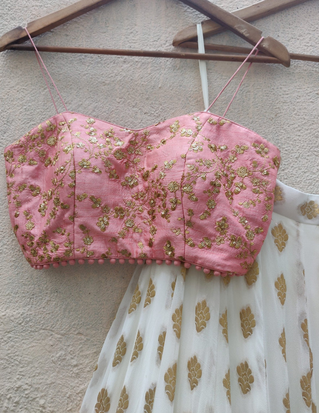 Ivory Ruffle Lehenga And Pink Bustier Set Priti Sahni - Fabilicious Fashion