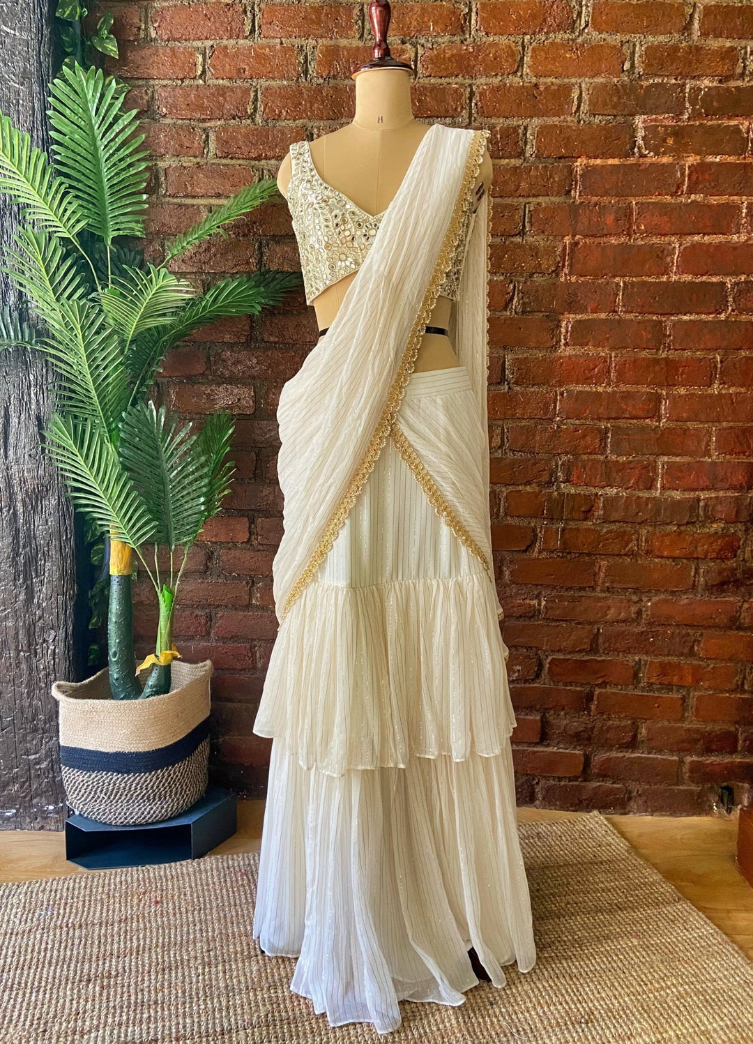 Ivory Ruffled Pre-Draped Saree With Sleeveless Blouse Priti Sahni - Fabilicious Fashion