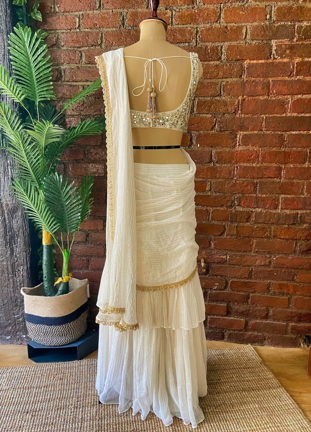 Ivory Ruffled Pre-Draped Saree With Sleeveless Blouse Priti Sahni - Fabilicious Fashion