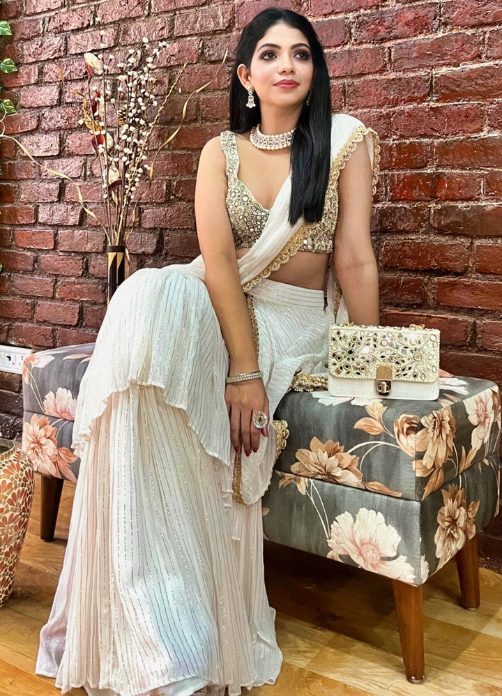 Ivory Ruffled Pre-Draped Saree With Sleeveless Blouse Priti Sahni - Fabilicious Fashion