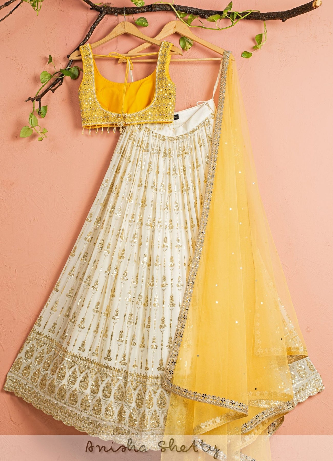 Ivory Sequence Lehenga With Pineapple Yellow Mirrorwork Blouse