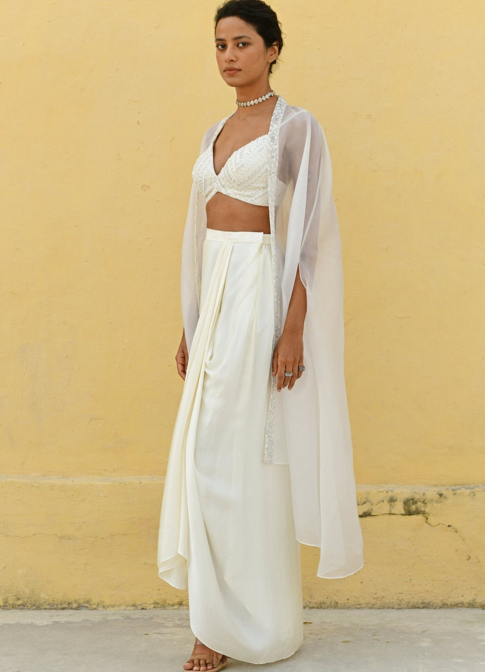 Chamee and Palak Ivory Sequenced Blouse Satin Drape Skirt SetFabilicious Fashion