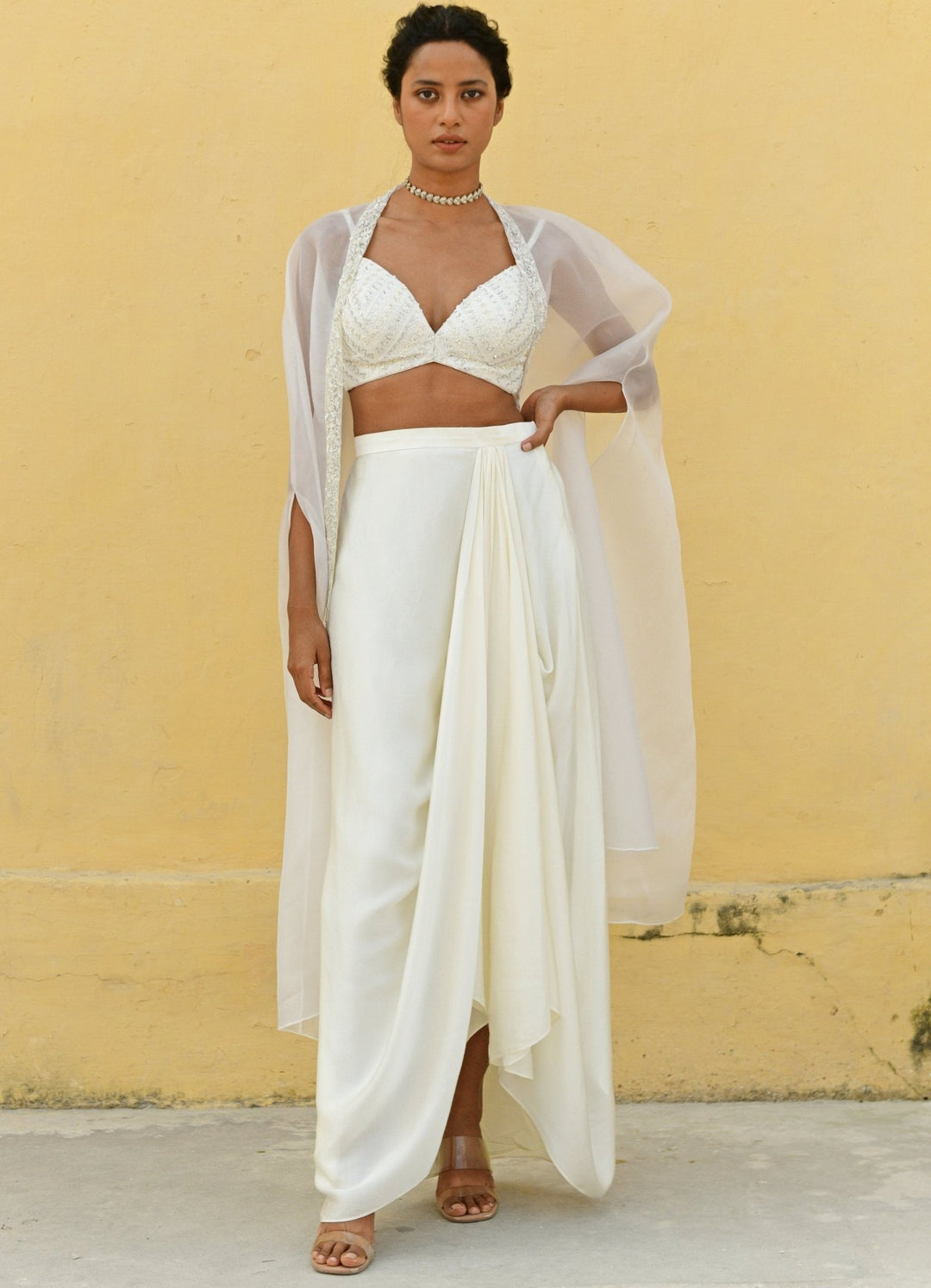 Chamee and Palak Ivory Sequenced Blouse Satin Drape Skirt SetFabilicious Fashion