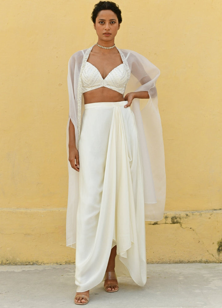Chamee and Palak Ivory Sequenced Blouse Satin Drape Skirt SetFabilicious Fashion