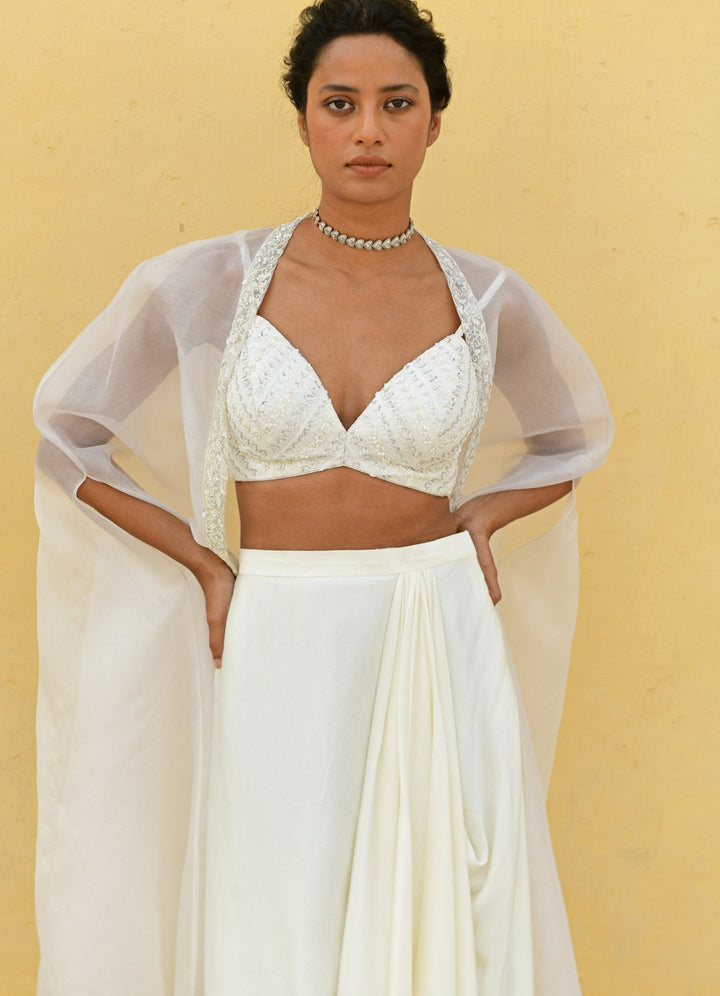 Chamee and Palak Ivory Sequenced Blouse Satin Drape Skirt SetFabilicious Fashion