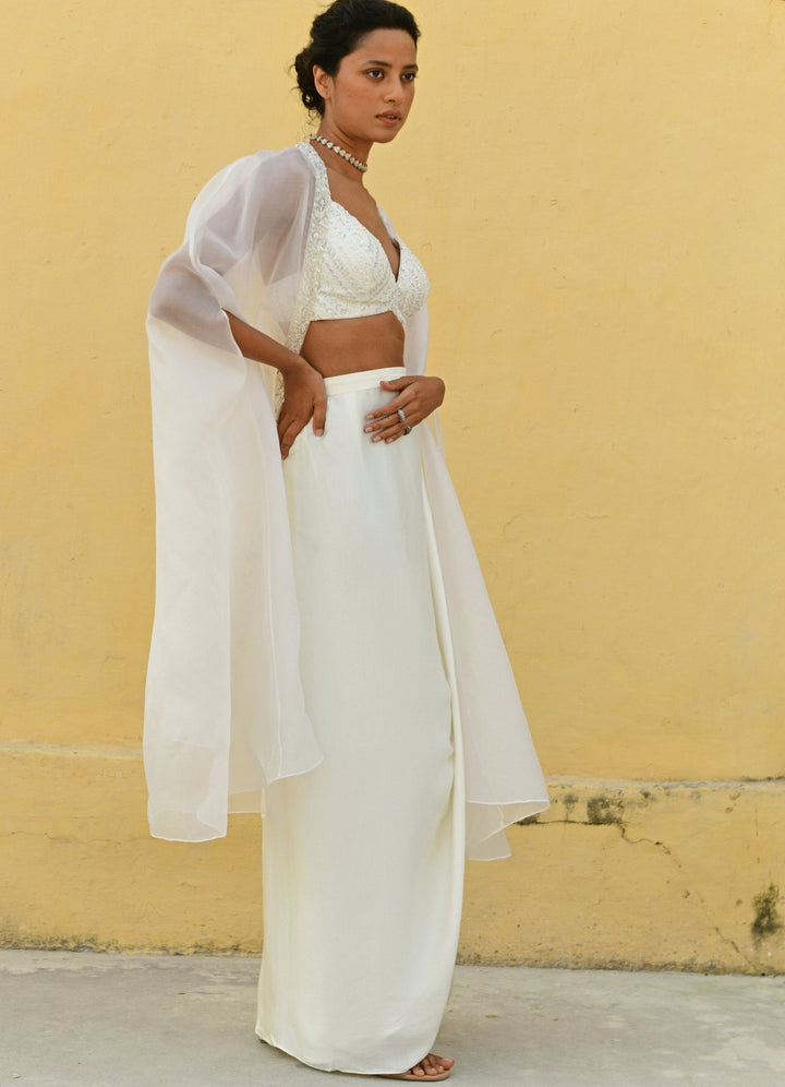 Chamee and Palak Ivory Sequenced Blouse Satin Drape Skirt SetFabilicious Fashion