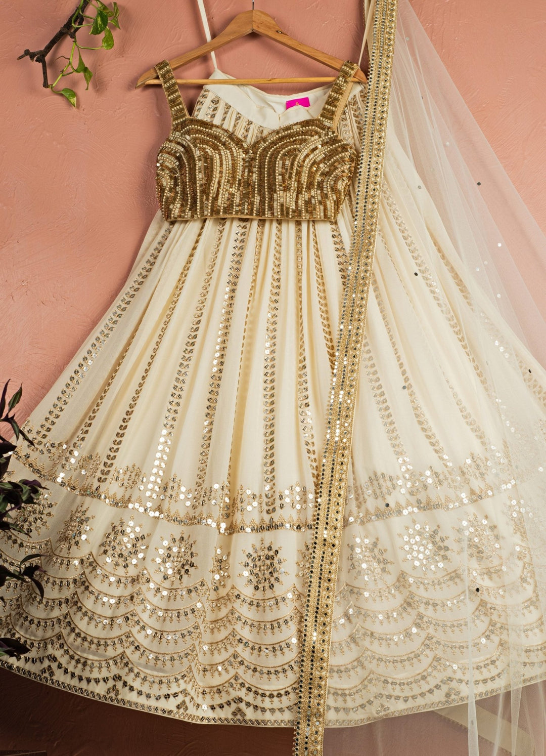Ivory Sequined Georgette Lehenga Set With Gold Sequined Blouse Anisha Shetty - Fabilicious Fashion