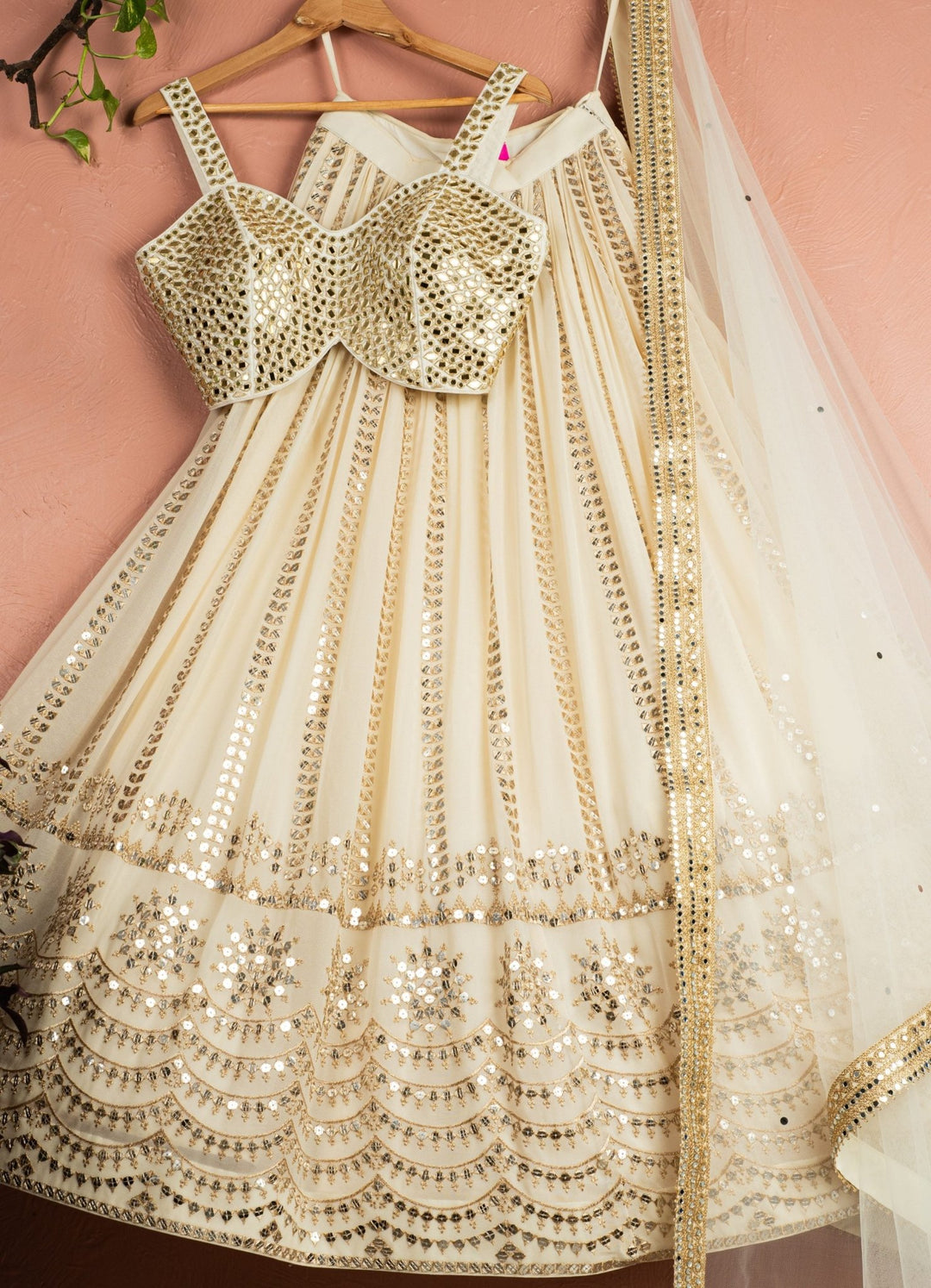 Ivory Sequined Georgette Lehenga Set With Mirrorwork Blouse Anisha Shetty - Fabilicious Fashion