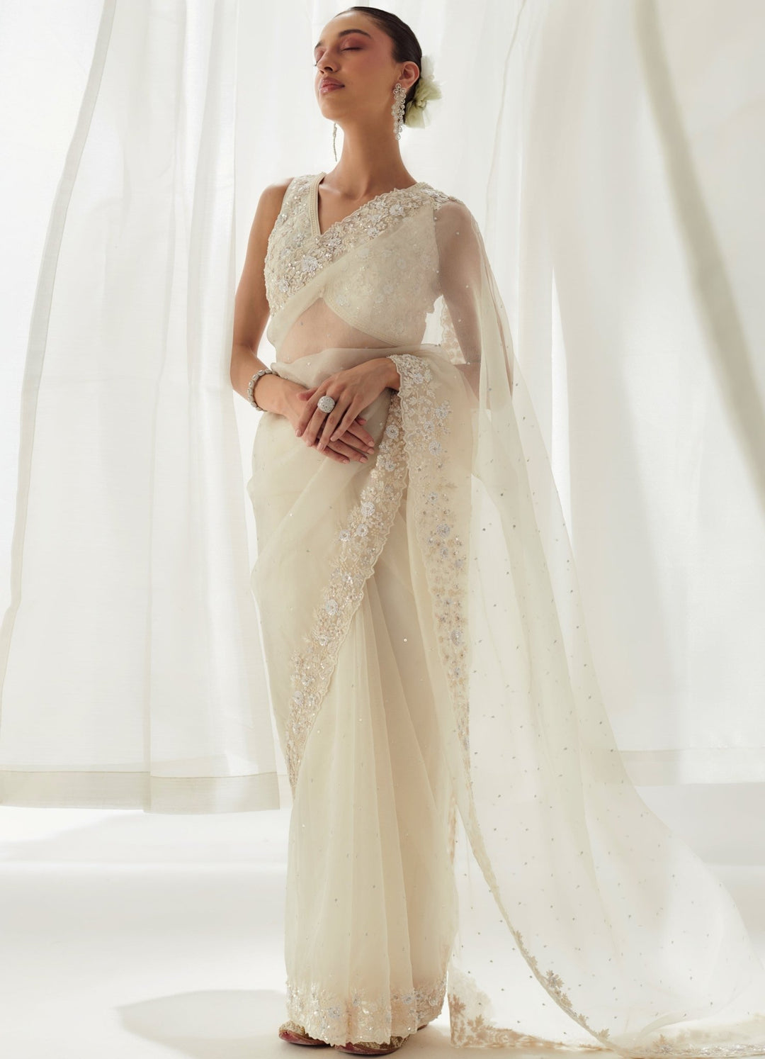 Ivory Sequined Organza Saree With Sleeveless Blouse Suhino - Fabilicious Fashion