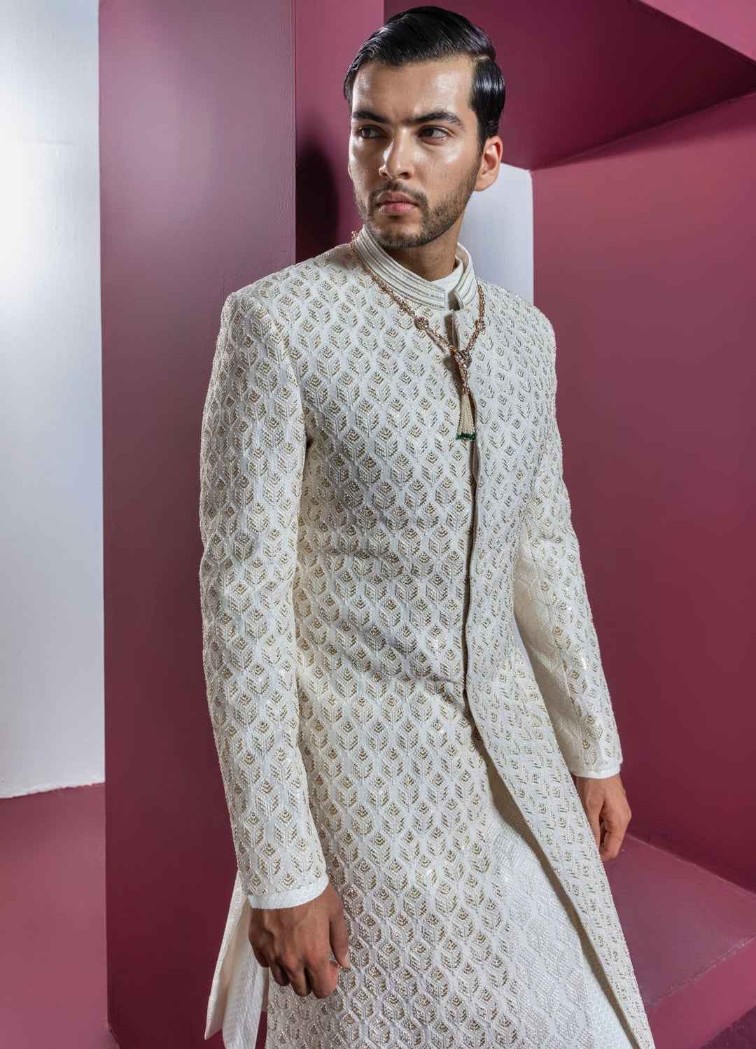 Ivory Sequinned Sherwani Set With Kurta And Churidar Contrast By Parth - Fabilicious Fashion