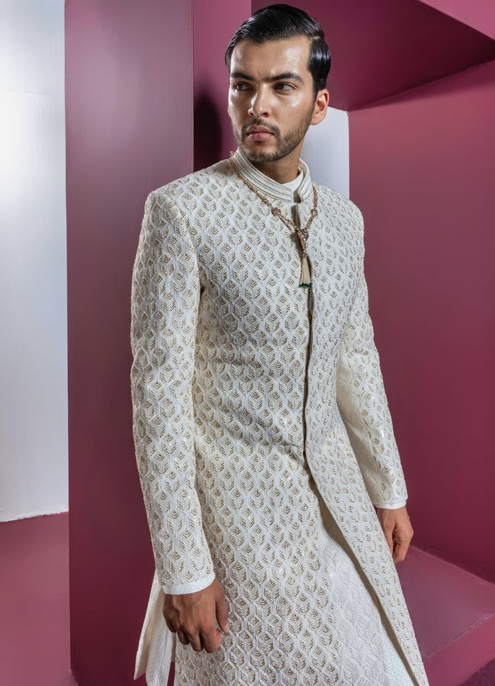 Ivory Sequinned Sherwani Set With Kurta And Churidar Contrast By Parth - Fabilicious Fashion