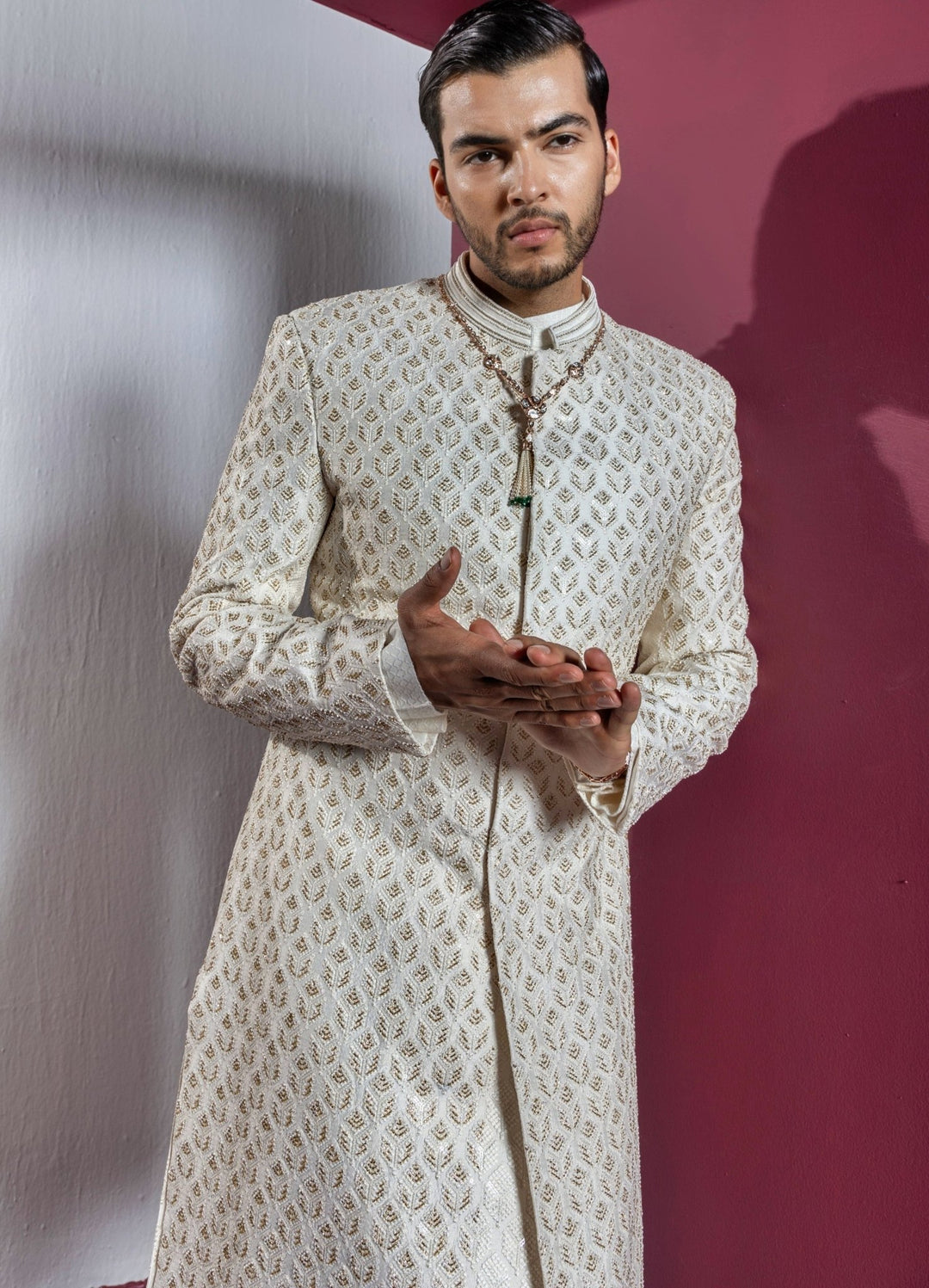 Ivory Sequinned Sherwani Set With Kurta And Churidar Contrast By Parth - Fabilicious Fashion