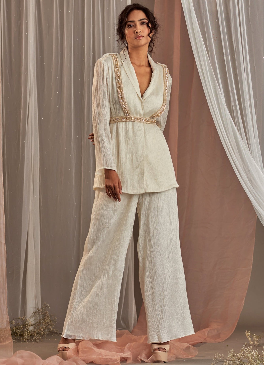 Ivory Silk Blazer Set With Embellished Belt Nidhika Shekhar - Fabilicious Fashion