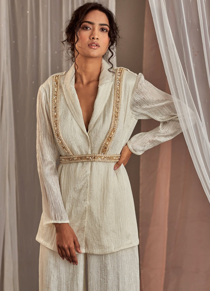Ivory Silk Blazer Set With Embellished Belt Nidhika Shekhar - Fabilicious Fashion