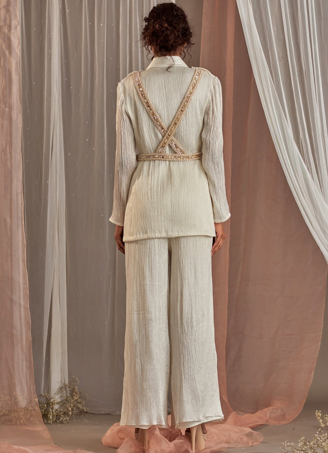 Ivory Silk Blazer Set With Embellished Belt Nidhika Shekhar - Fabilicious Fashion