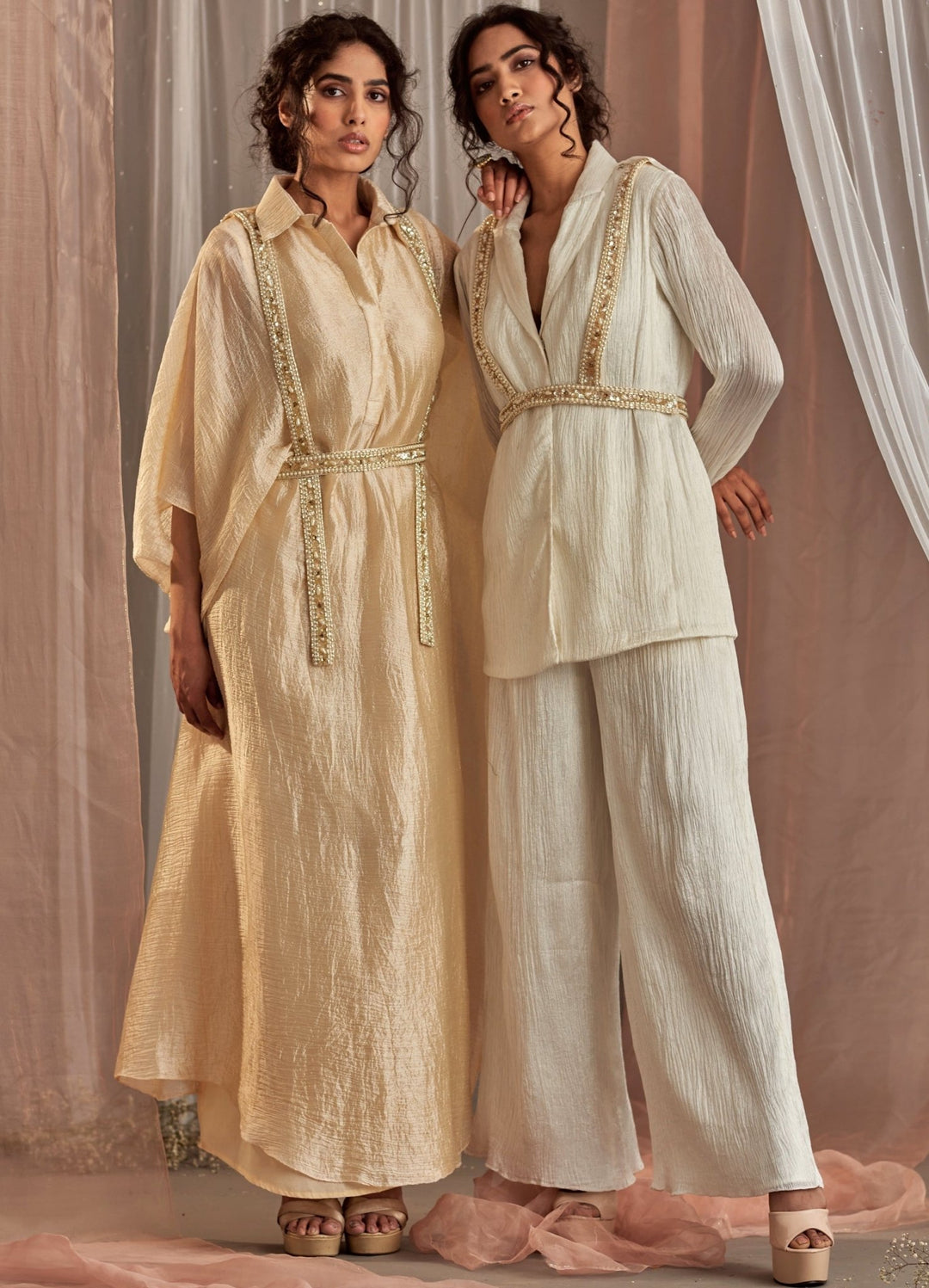 Ivory Silk Blazer Set With Embellished Belt Nidhika Shekhar - Fabilicious Fashion