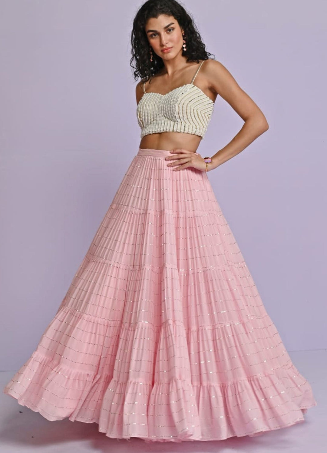 Ivory Silk Blouse and Bush Pink Georgette Lehenga Set Chamee n Palak - Fabilicious Fashion
