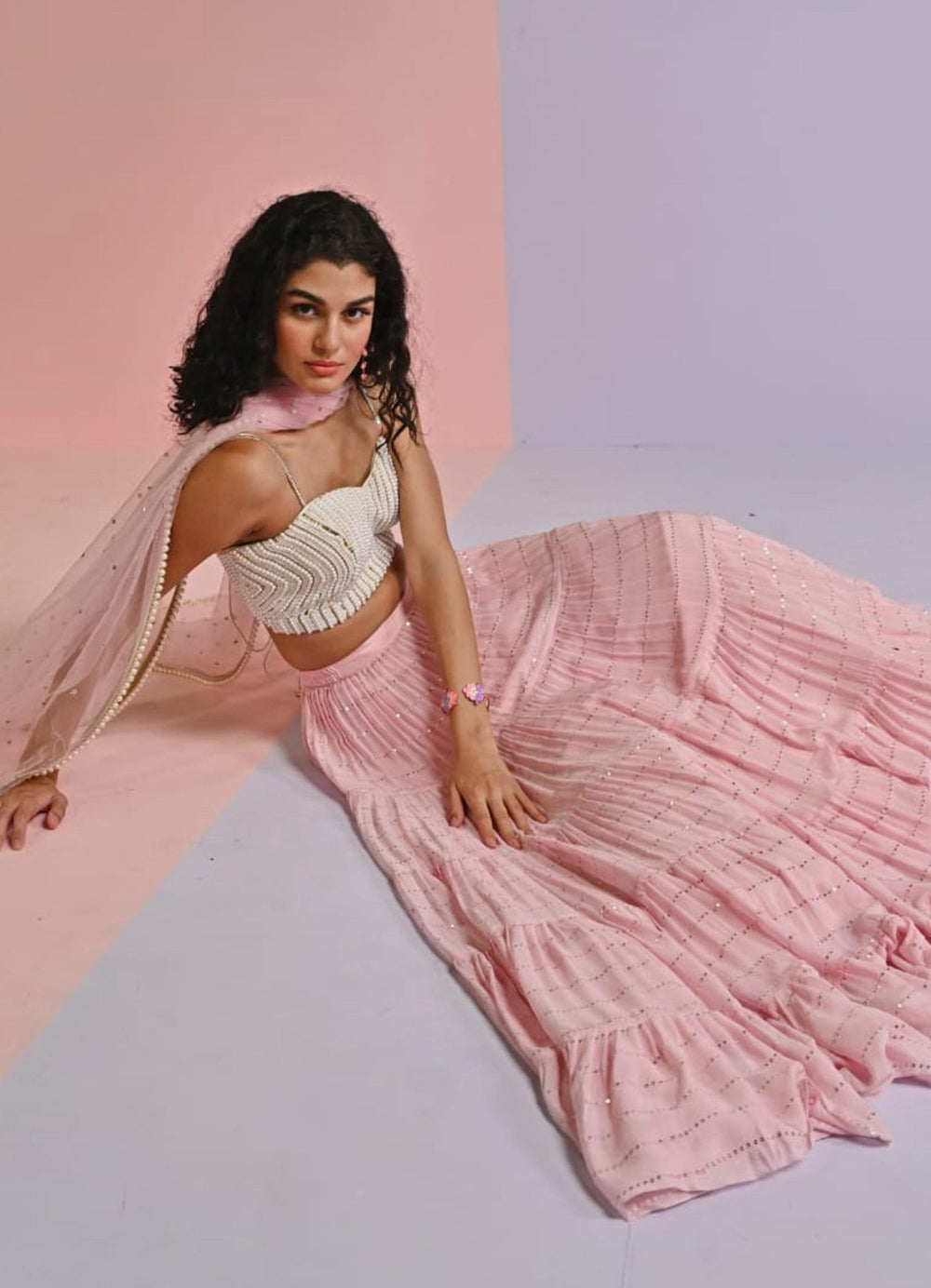Ivory Silk Blouse and Bush Pink Georgette Lehenga Set Chamee n Palak - Fabilicious Fashion