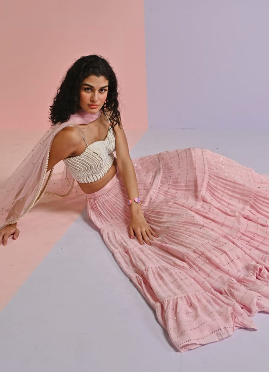 Ivory Silk Blouse and Bush Pink Georgette Lehenga Set Chamee n Palak - Fabilicious Fashion