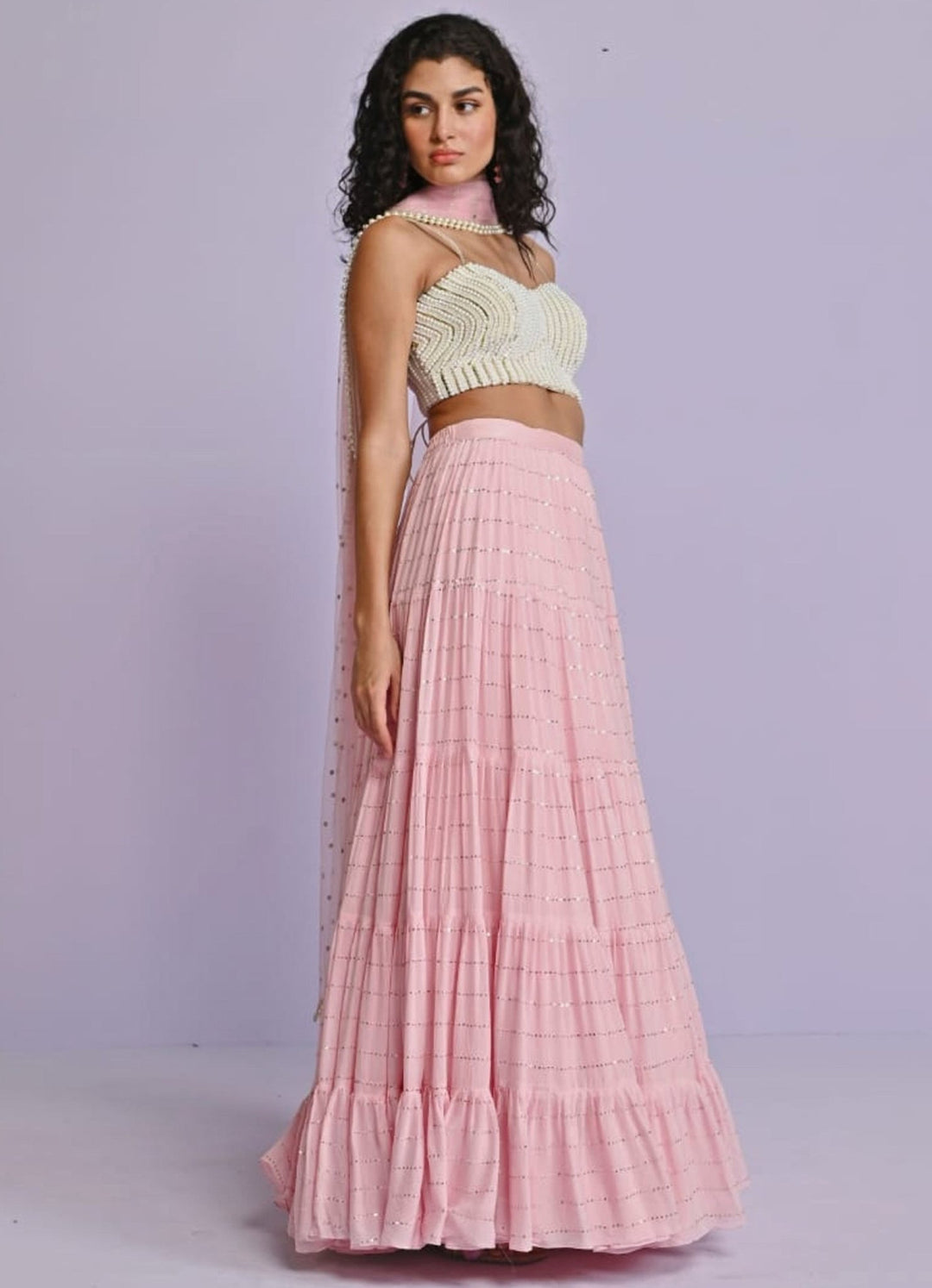 Ivory Silk Blouse and Bush Pink Georgette Lehenga Set Chamee n Palak - Fabilicious Fashion