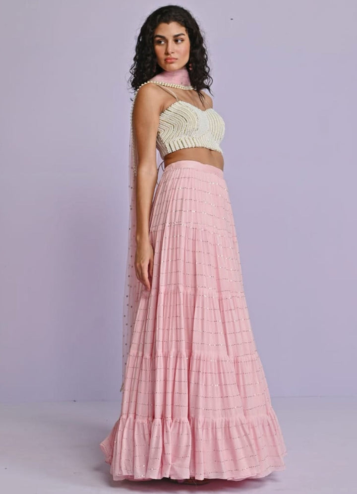 Ivory Silk Blouse and Bush Pink Georgette Lehenga Set Chamee n Palak - Fabilicious Fashion