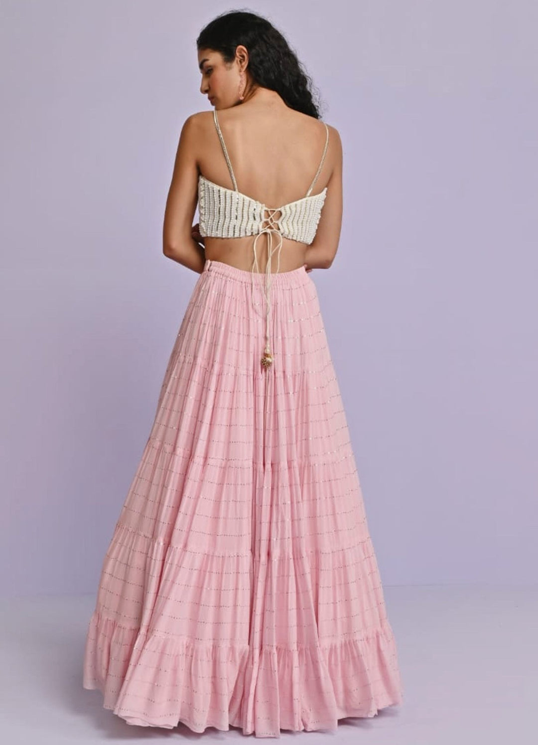 Ivory Silk Blouse and Bush Pink Georgette Lehenga Set Chamee n Palak - Fabilicious Fashion
