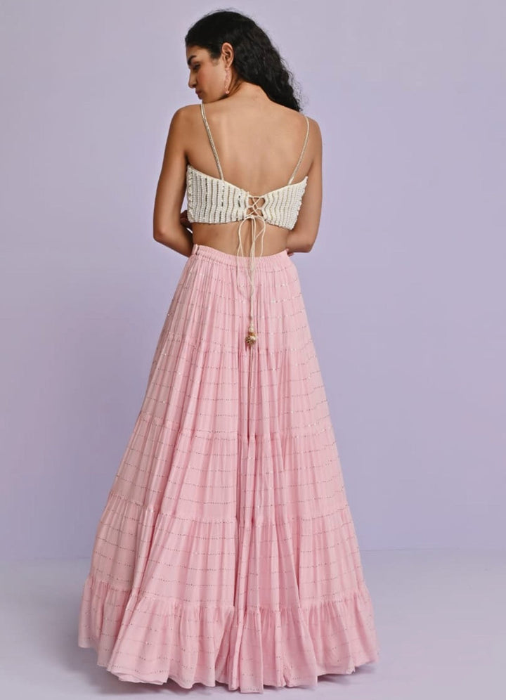 Ivory Silk Blouse and Bush Pink Georgette Lehenga Set Chamee n Palak - Fabilicious Fashion
