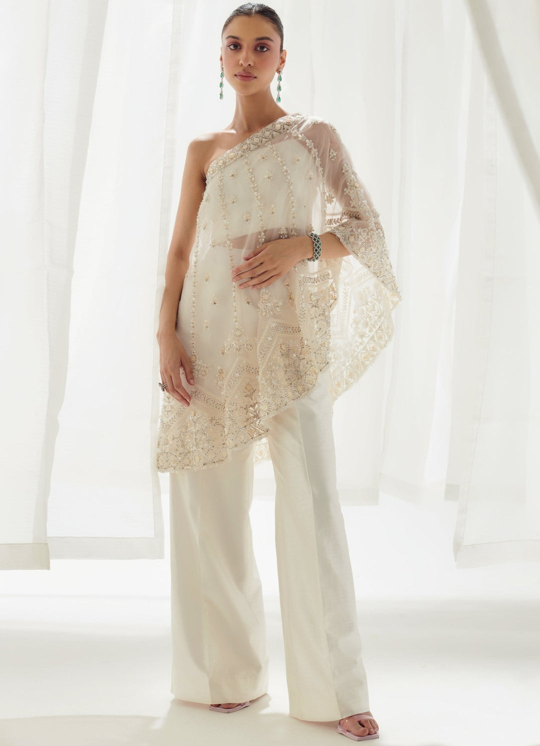 Ivory Silk Coord Set With Embellished One Shoulder Cape Suhino - Fabilicious Fashion