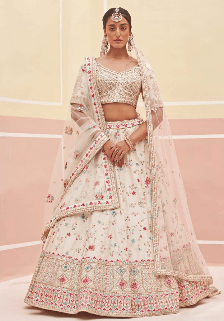 Ivory Silk Floral Motifs Bridal Lehenga Angad Singh - Fabilicious Fashion