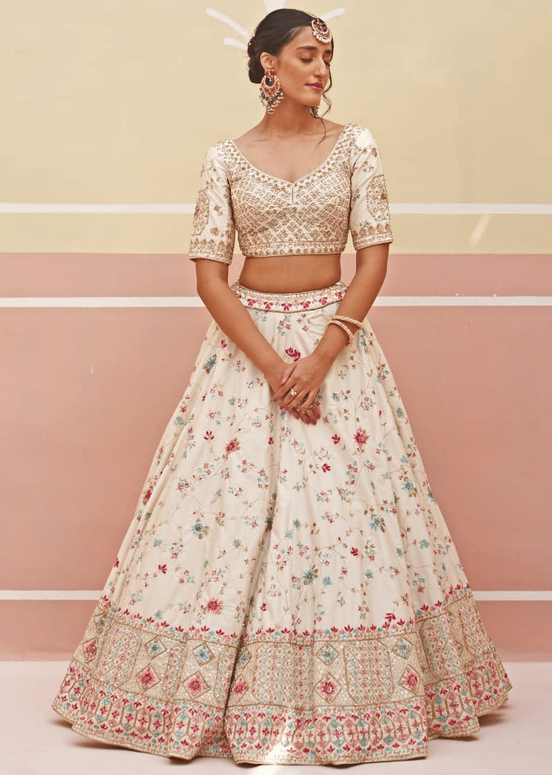 Ivory Silk Floral Motifs Bridal Lehenga Angad Singh - Fabilicious Fashion
